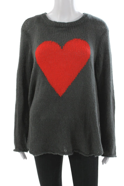 Wooden Ships Women Gray Crew Neck Pullover Sweater Heart Long Sleeve Size M