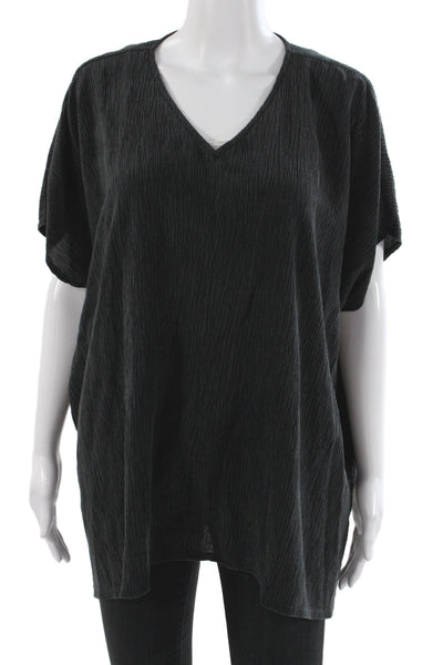 Eileen Fisher Women Tunic Blouse Black V-Neck Short Sleeve Tencel Size M