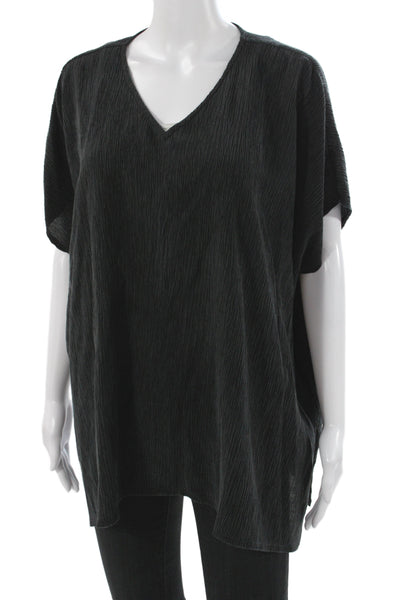 Eileen Fisher Women Tunic Blouse Black V-Neck Short Sleeve Tencel Size M