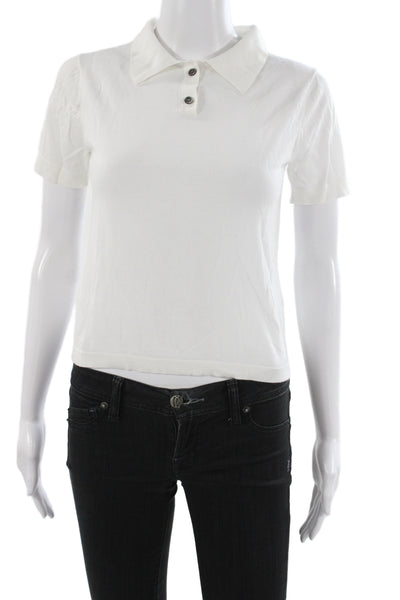 Still Here Womens Basic Collared Polo Top White Tencel Short Sleeve Size XS