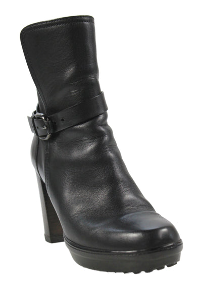 Tods Women Leather Buckle Mid Calf Boots Black Size 8