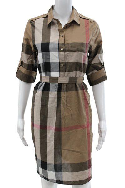 Burberry Womens Shirt Dress Beige Check Cotton 3/4 Sleeve Button Mini Size 4