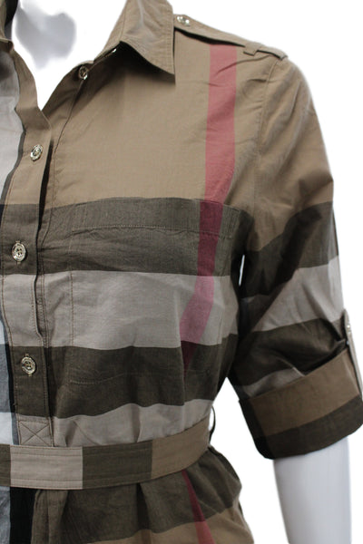 Burberry Womens Shirt Dress Beige Check Cotton 3/4 Sleeve Button Mini Size 4