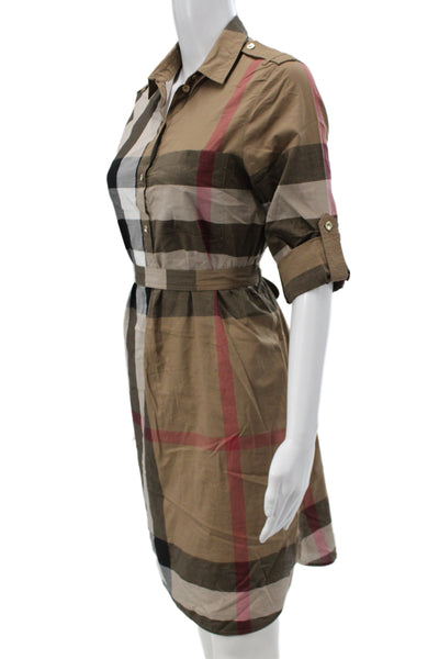 Burberry Womens Shirt Dress Beige Check Cotton 3/4 Sleeve Button Mini Size 4