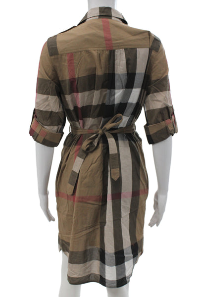 Burberry Womens Shirt Dress Beige Check Cotton 3/4 Sleeve Button Mini Size 4