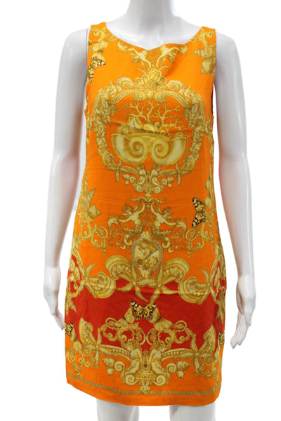 Versace Women Shift Dress Orange Silk Sleeveless Round Neck Geometric Size 4