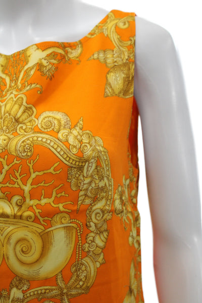 Versace Women Shift Dress Orange Silk Sleeveless Round Neck Geometric Size 4