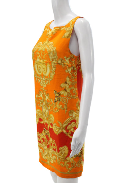 Versace Women Shift Dress Orange Silk Sleeveless Round Neck Geometric Size 4