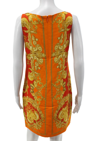 Versace Women Shift Dress Orange Silk Sleeveless Round Neck Geometric Size 4