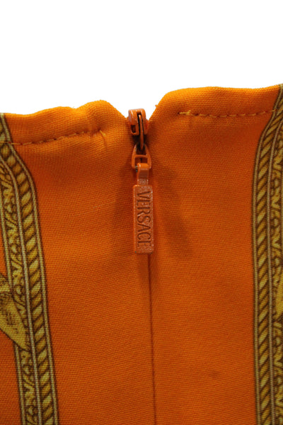 Versace Women Shift Dress Orange Silk Sleeveless Round Neck Geometric Size 4