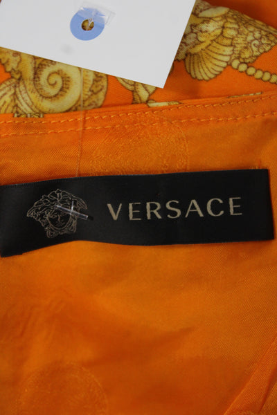 Versace Women Shift Dress Orange Silk Sleeveless Round Neck Geometric Size 4