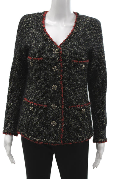 Chanel Womens 2011 Tweed Gripiox Jacket Black Wool Long Sleeve Size 38