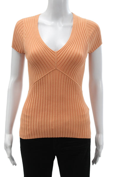 August Silk Women Pullover V-Neck Short Sleeve Orange Solid Size S
