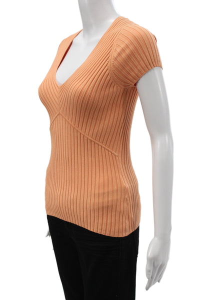 August Silk Women Pullover V-Neck Short Sleeve Orange Solid Size S