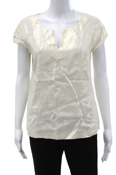 J Crew Womens Metallic Gold Linen V-Neck Short Sleeve Blouse Size 4