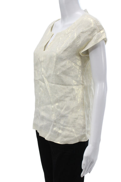J Crew Womens Metallic Gold Linen V-Neck Short Sleeve Blouse Size 4