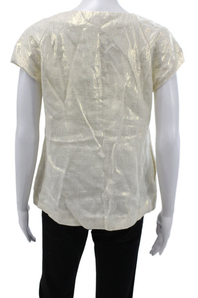 J Crew Womens Metallic Gold Linen V-Neck Short Sleeve Blouse Size 4