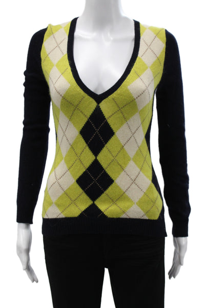 J Crew Women Pullover Argyle V Neck Black Merino Sweater Size XS