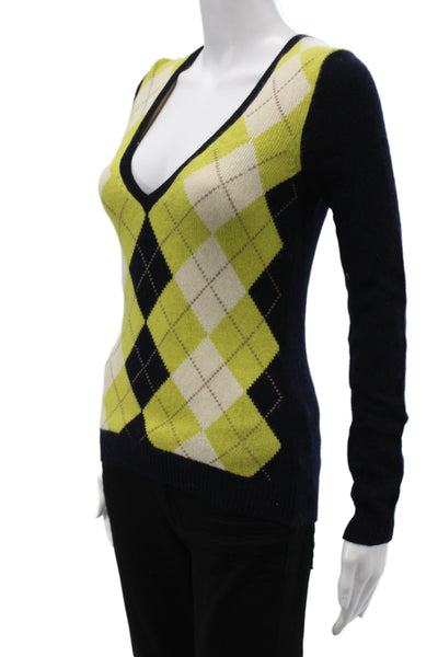 J Crew Women Pullover Argyle V Neck Black Merino Sweater Size XS