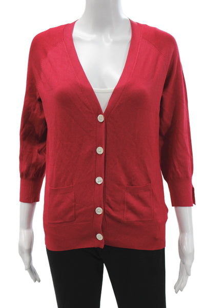 Banana Republic Women V-Neck Silk Cardigan 3/4 Sleeve Red Size M