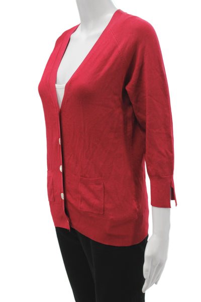 Banana Republic Women V-Neck Silk Cardigan 3/4 Sleeve Red Size M