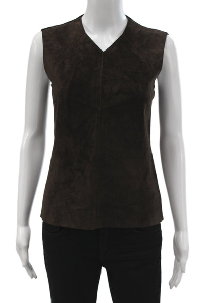 Derek Lam Women Calfskin Leather V-Neck Sleeveless Tank Brown Zip Size 2