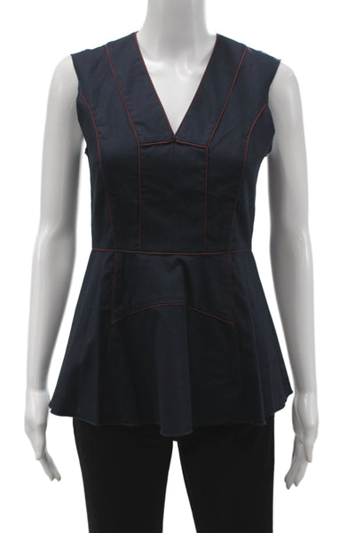 Derek Lam Women Basic V-Neck Sleeveless Blue Cotton Zip Blouse Size 2