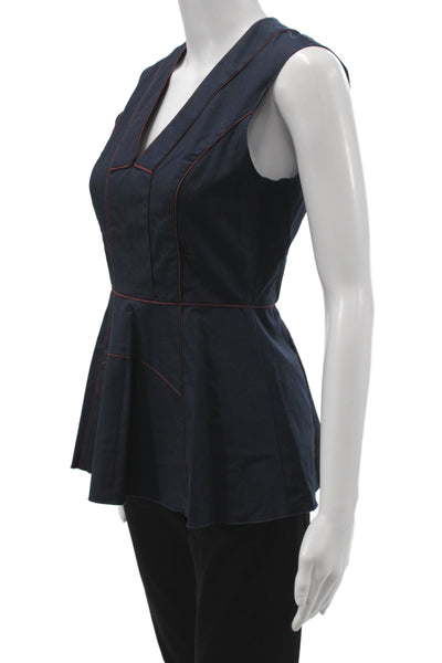 Derek Lam Women Basic V-Neck Sleeveless Blue Cotton Zip Blouse Size 2