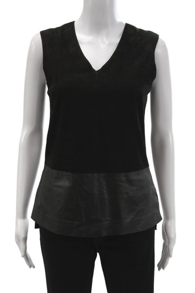 Vince Women Basic Leather Tank Black V-Neck Colorblock Sleeveless Size 0