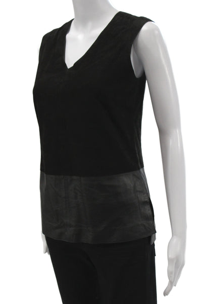 Vince Women Basic Leather Tank Black V-Neck Colorblock Sleeveless Size 0