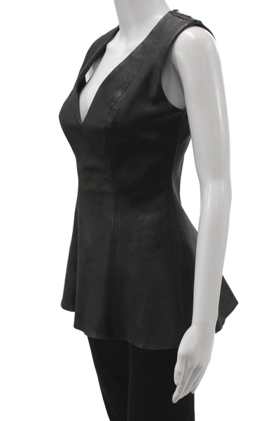 Cushnie Et Ochs Women Leather V-Neck Sleeveless Basic Tank Black Size 0