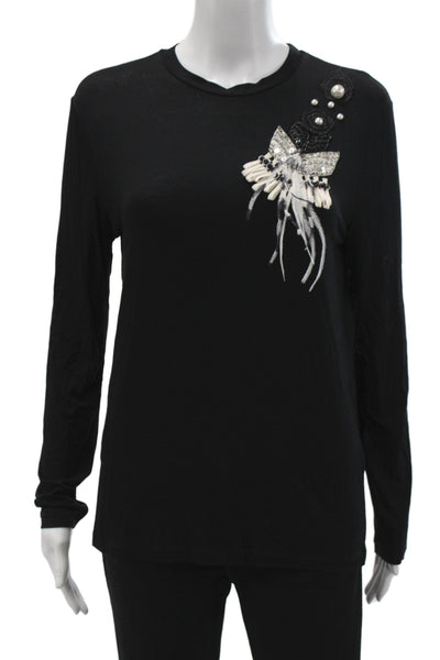Prabal Gurung Womens Jersey Tee Black Crewneck Long Sleeve Butterfly Size XS