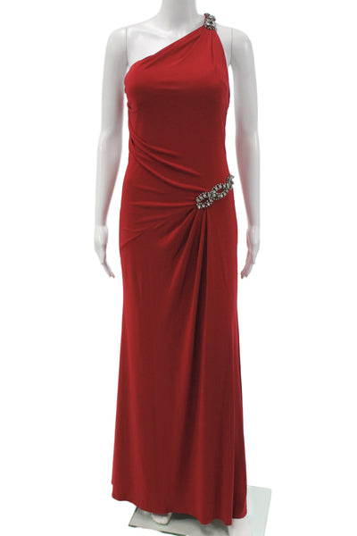Sherri Hill Women Sheath Dress Red One Shoulder Zip Mid-Calf Size S
