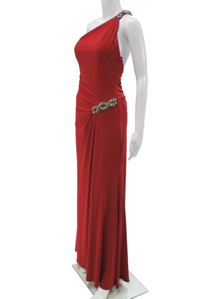 Sherri Hill Women Sheath Dress Red One Shoulder Zip Mid-Calf Size S