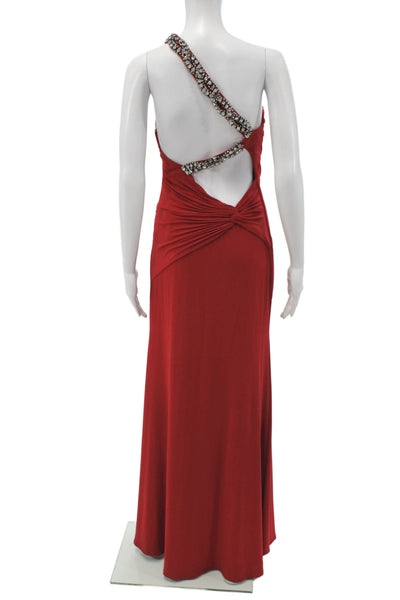 Sherri Hill Women Sheath Dress Red One Shoulder Zip Mid-Calf Size S