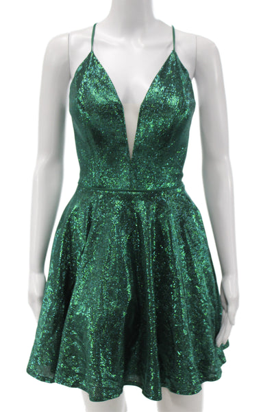 JVN by Jovani Womens A-Line Green V-Neck Lace-Up Sleeveless Party Dress Size 4