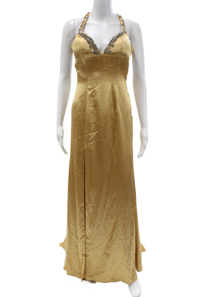 Paris by Tony Bowls Women Maxi Halter Dress Gold Zip Sleeveless Long Size 2