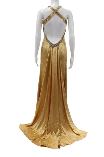 Paris by Tony Bowls Women Maxi Halter Dress Gold Zip Sleeveless Long Size 2
