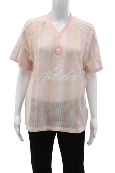 Adidas Womens Striped V-Neck Jersey T-Shirt Multicolor Short Sleeve Size S