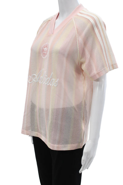 Adidas Womens Striped V-Neck Jersey T-Shirt Multicolor Short Sleeve Size S