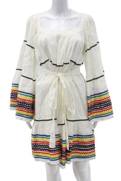 Lisa Marie Women Mini Linen Square Neck Tie Waist Long Sleeve Dress Size L