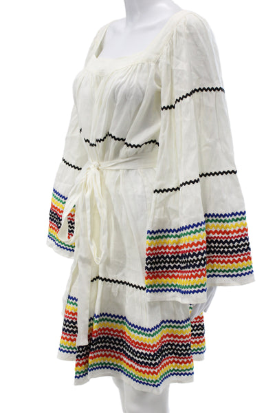 Lisa Marie Women Mini Linen Square Neck Tie Waist Long Sleeve Dress Size L