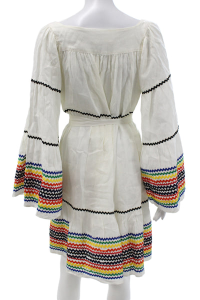 Lisa Marie Women Mini Linen Square Neck Tie Waist Long Sleeve Dress Size L