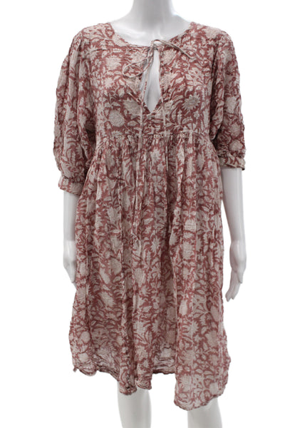 Le Bazar Women Shift Dress Brown Floral Cotton V-Neck Knee Sleeve Size M