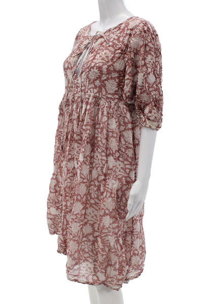 Le Bazar Women Shift Dress Brown Floral Cotton V-Neck Knee Sleeve Size M