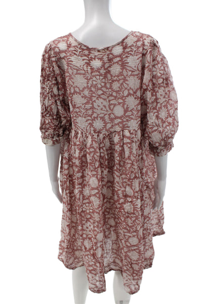 Le Bazar Women Shift Dress Brown Floral Cotton V-Neck Knee Sleeve Size M