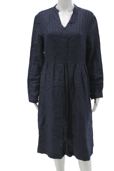 Massimo Alba Women Shift Dress Blue Striped Linen V-Neck Long Sleeve Size XL