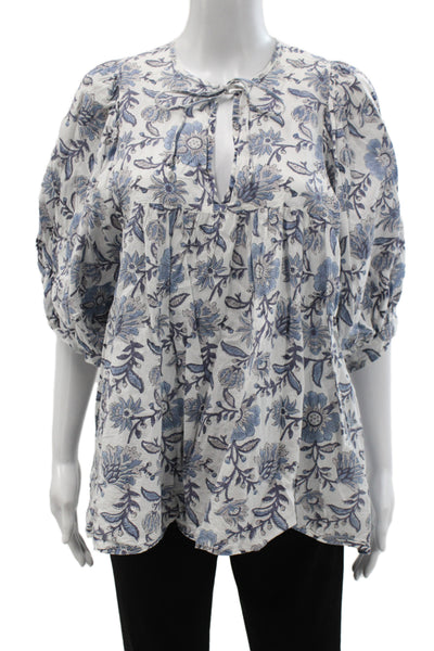 Millie Women Tunic Blouse Blue Floral 3/4 Sleeve Round Neck Cotton Size M