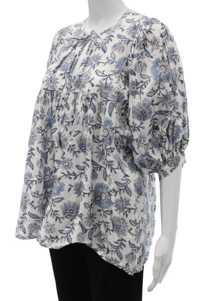 Millie Women Tunic Blouse Blue Floral 3/4 Sleeve Round Neck Cotton Size M