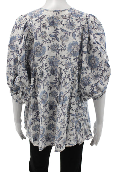 Millie Women Tunic Blouse Blue Floral 3/4 Sleeve Round Neck Cotton Size M